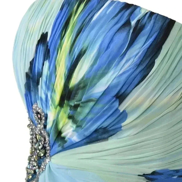 Jovani Gown Blue Green Floral Watercolor Beaded Strapless Chiffon Prom Grad 4 - Picture 10 of 15